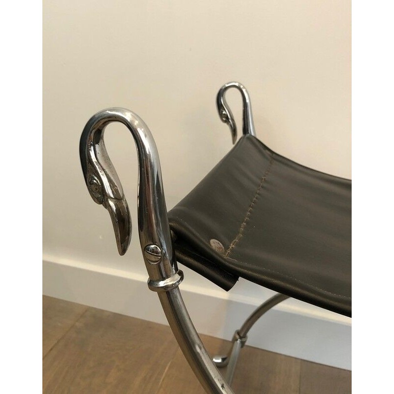 Tabouret Curule Néoclassique en Acier Argenté à Têtes de Cygnes par la Maison Jansen