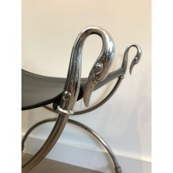 Tabouret Curule Néoclassique en Acier Argenté à Têtes de Cygnes par la Maison Jansen