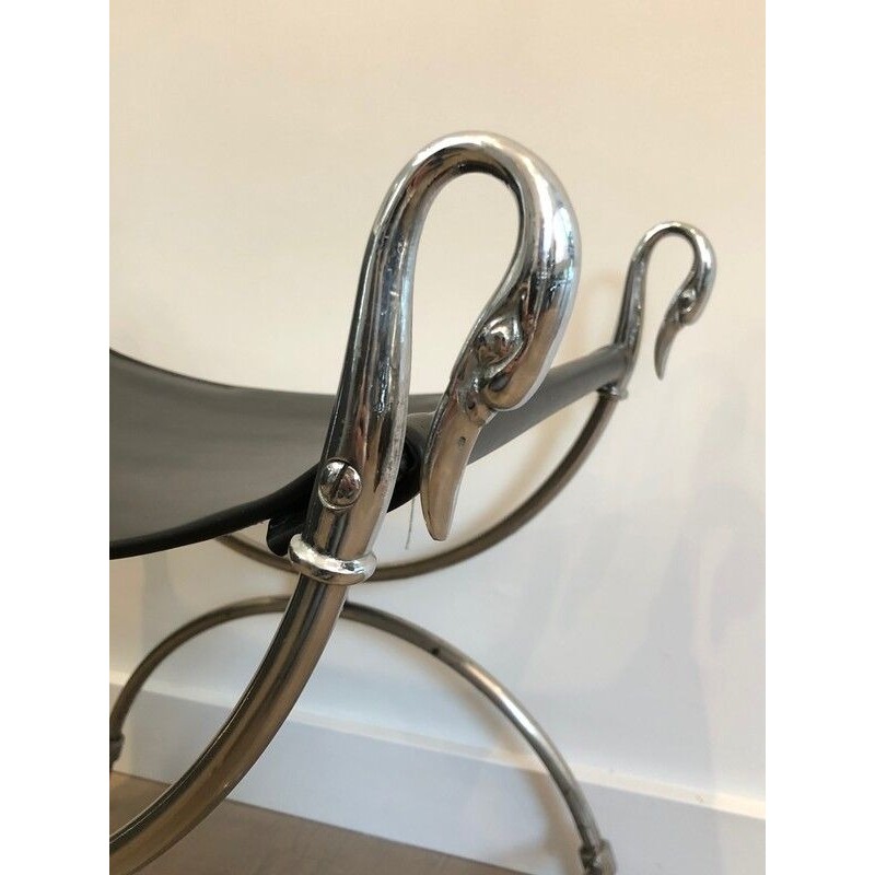 Neoclassical-Style Silvered-Steel Curule Stool with Swan Heads by Maison Jansen