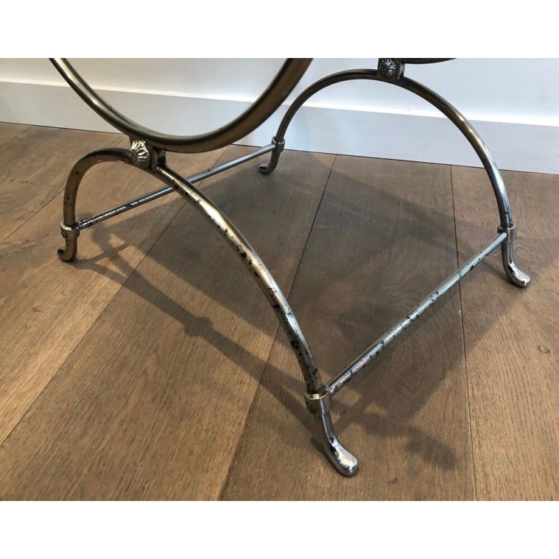 Tabouret Curule Néoclassique en Acier Argenté à Têtes de Cygnes par la Maison Jansen