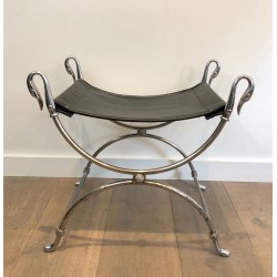 Neoclassical-Style Silvered-Steel Curule Stool with Swan Heads by Maison Jansen