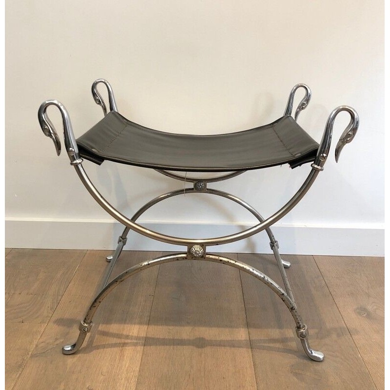 Tabouret Curule Néoclassique en Acier Argenté à Têtes de Cygnes par la Maison Jansen