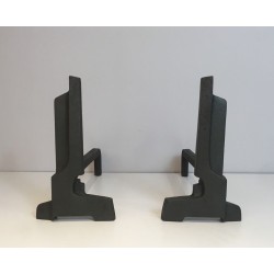 Pair of French Modernist Cast Iron and Wrought Iron Andirons