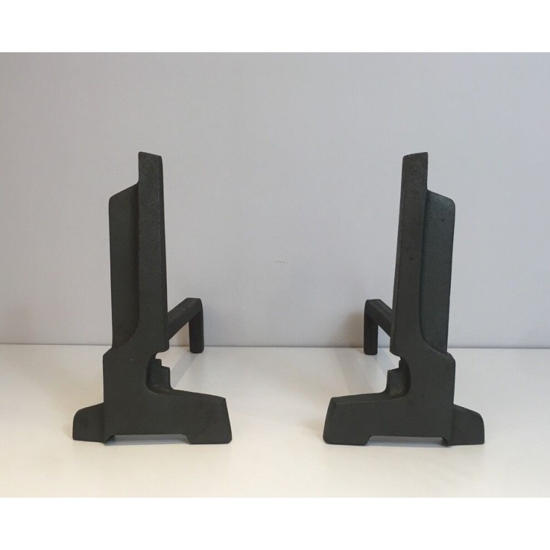 Pair of French Modernist Cast Iron and Wrought Iron Andirons
