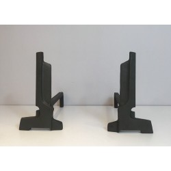 Pair of French Modernist Cast Iron and Wrought Iron Andirons