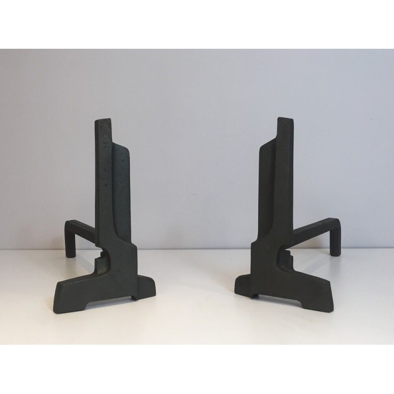 Paire de chenets Modernistes en Fonte et Fer