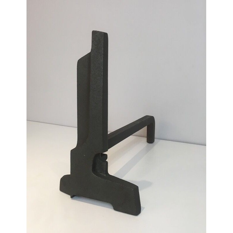 Pair of French Modernist Cast Iron and Wrought Iron Andirons