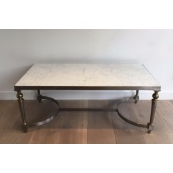 Table Basse Française en Acier Brossé et Laiton à Plateau de Marbre