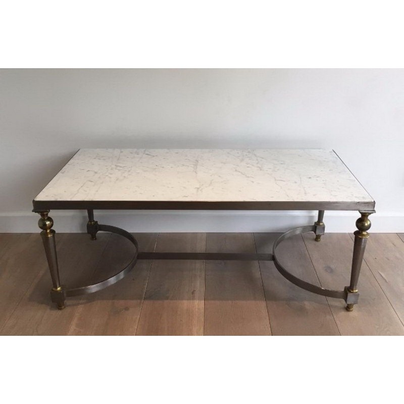 French Brushed Steel and Brass Coffee Table with Marble Top