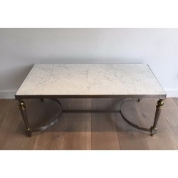 French Brushed Steel and Brass Coffee Table with Marble Top