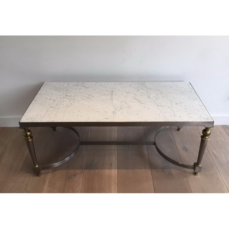 French Brushed Steel and Brass Coffee Table with Marble Top