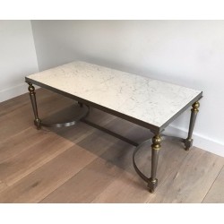 Table Basse Française en Acier Brossé et Laiton à Plateau de Marbre