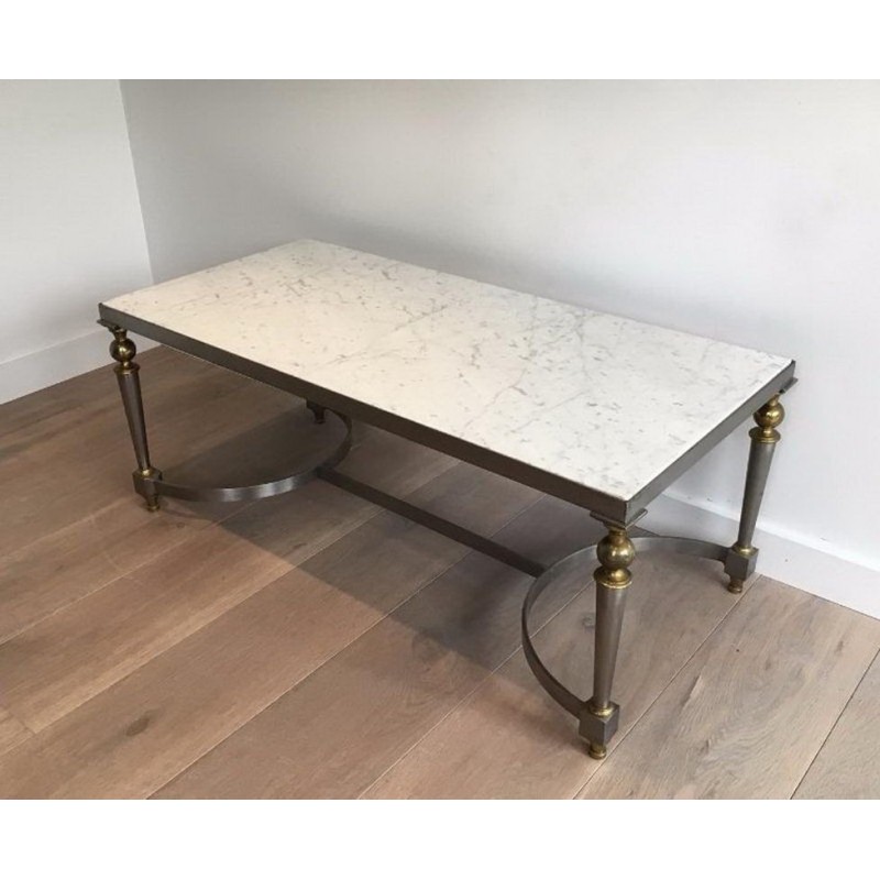 Table Basse Française en Acier Brossé et Laiton à Plateau de Marbre