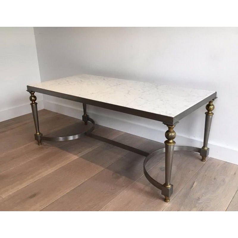 French Brushed Steel and Brass Coffee Table with Marble Top