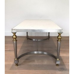 Table Basse Française en Acier Brossé et Laiton à Plateau de Marbre