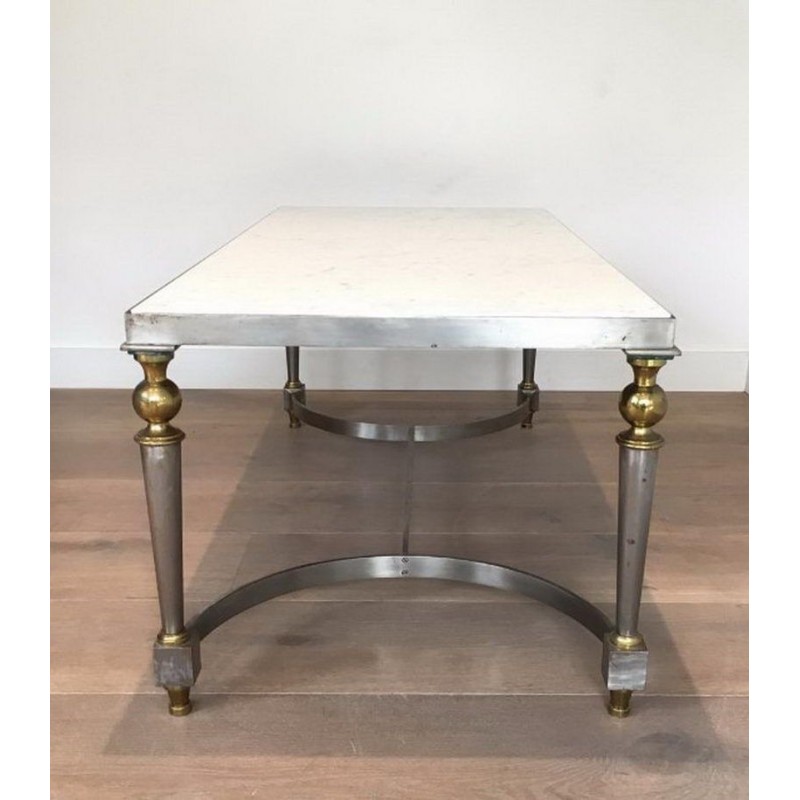Table Basse Française en Acier Brossé et Laiton à Plateau de Marbre