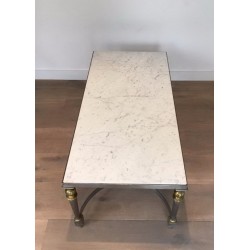 French Brushed Steel and Brass Coffee Table with Marble Top