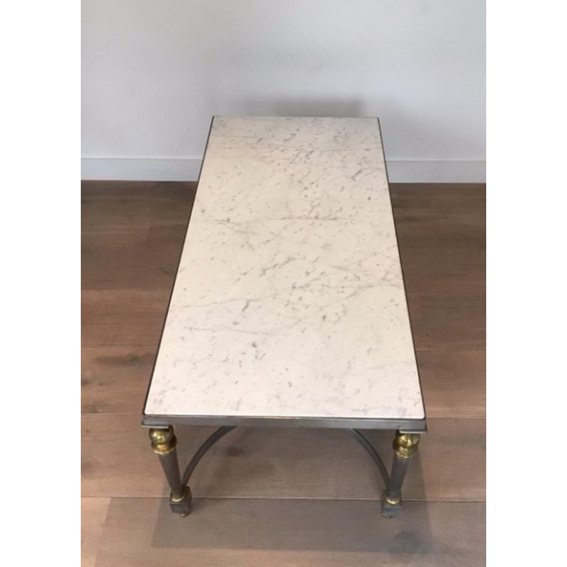 French Brushed Steel and Brass Coffee Table with Marble Top