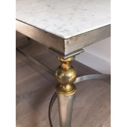 French Brushed Steel and Brass Coffee Table with Marble Top