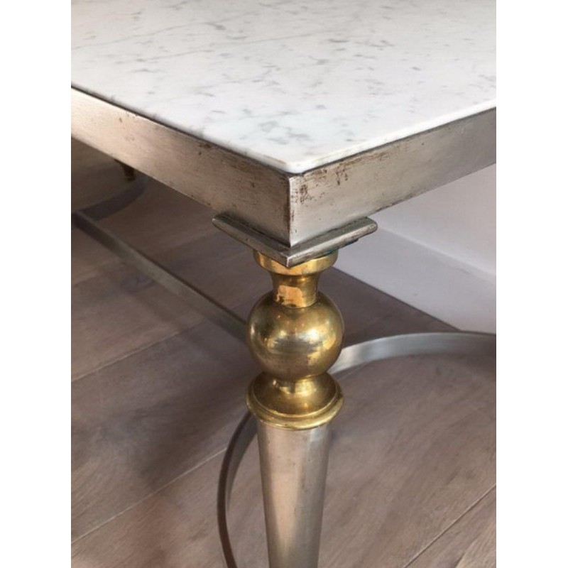 French Brushed Steel and Brass Coffee Table with Marble Top
