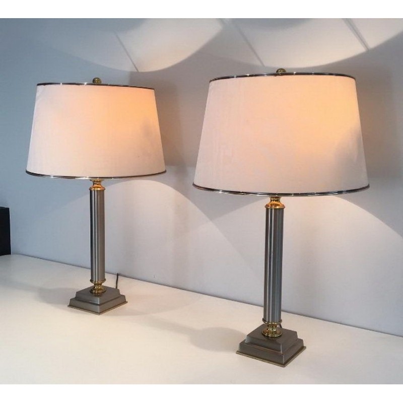 Paire de Lampes en Métal Brossé et Laiton à abat-jour inclinable par Guy Lefèvre