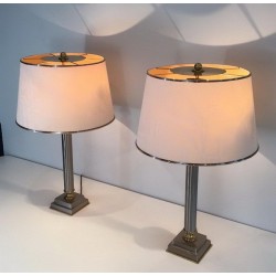 Pair of Brushed Steel and Brass Lamps with Reclining Shades by Guy Lefèvre