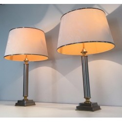 Paire de Lampes en Métal Brossé et Laiton à abat-jour inclinable par Guy Lefèvre