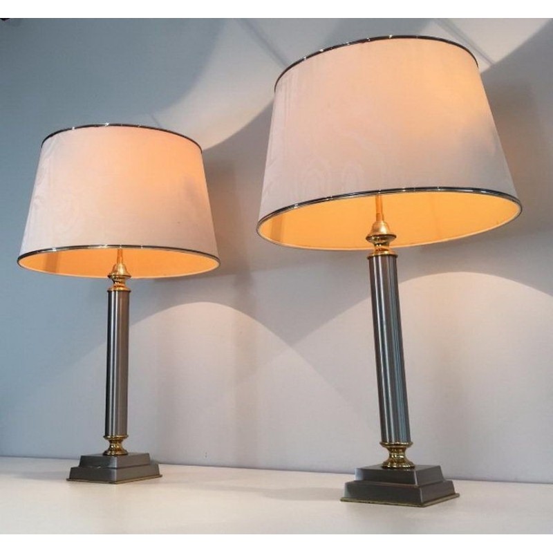 Pair of Brushed Steel and Brass Lamps with Reclining Shades by Guy Lefèvre