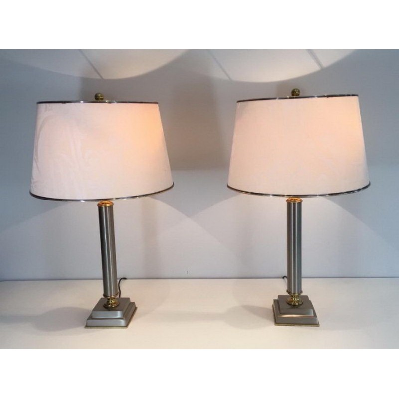 Pair of Brushed Steel and Brass Lamps with Reclining Shades by Guy Lefèvre