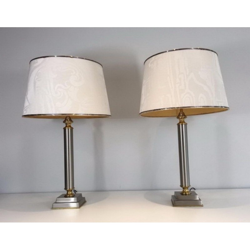 Paire de Lampes en Métal Brossé et Laiton à abat-jour inclinable par Guy Lefèvre