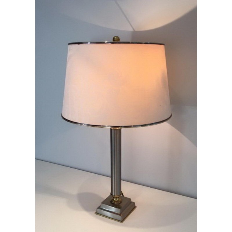 Pair of Brushed Steel and Brass Lamps with Reclining Shades by Guy Lefèvre