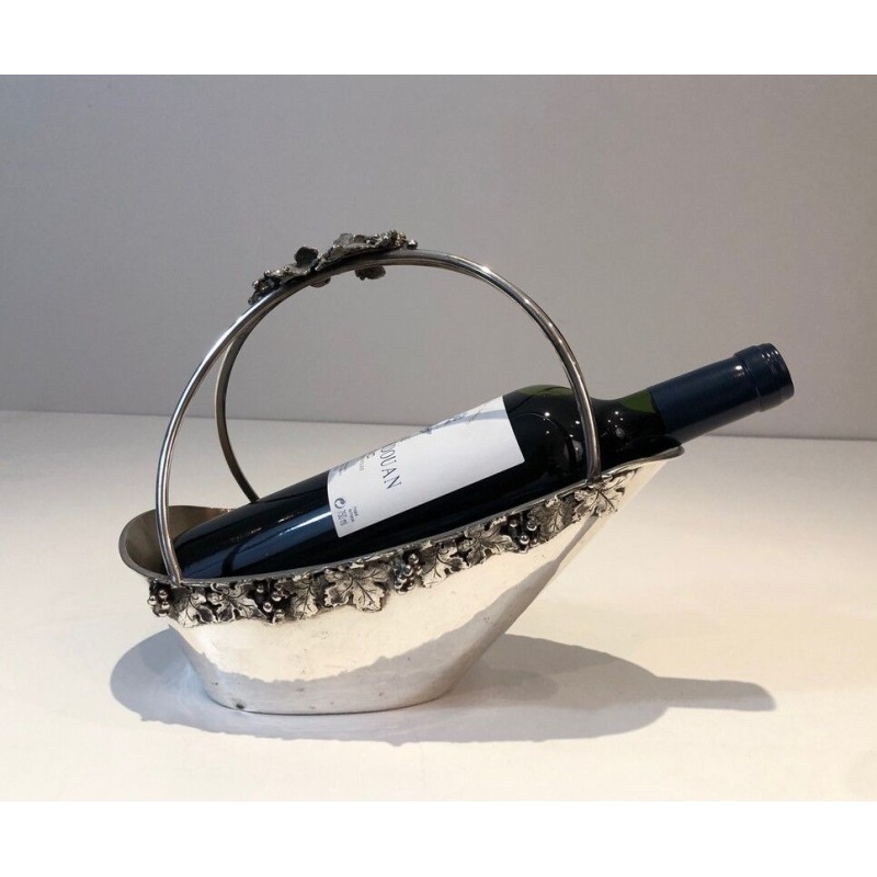 French Silver-Plated Wine Bottle Holder with Grape Cluster Decoration