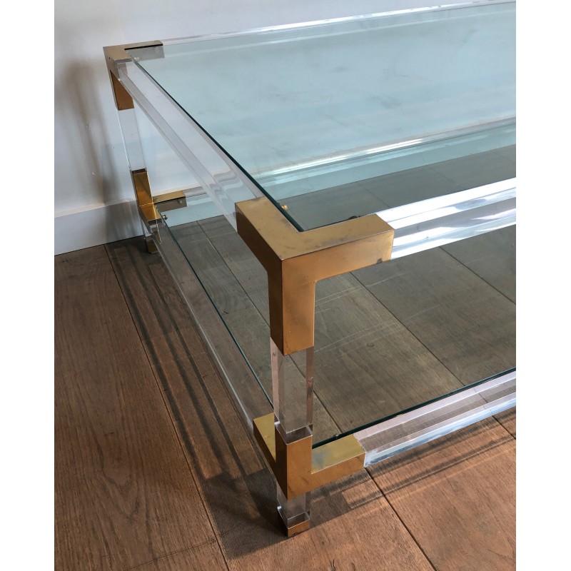 Table Basse Vintage en Plexiglass et Métal Doré dans le goût de la Maison Jansen