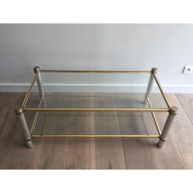 Gold and Silver-Toned Aluminium Coffee Table with Fluted Legs by Pierre Vandel