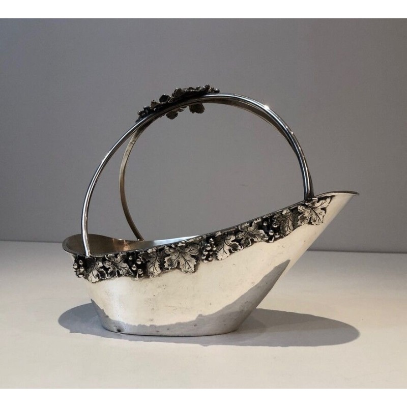 French Silver-Plated Wine Bottle Holder with Grape Cluster Decoration