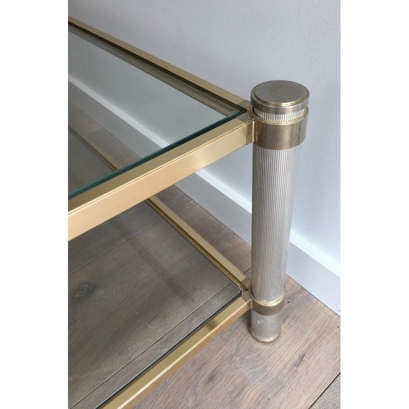 Gold and Silver-Toned Aluminium Coffee Table with Fluted Legs by Pierre Vandel