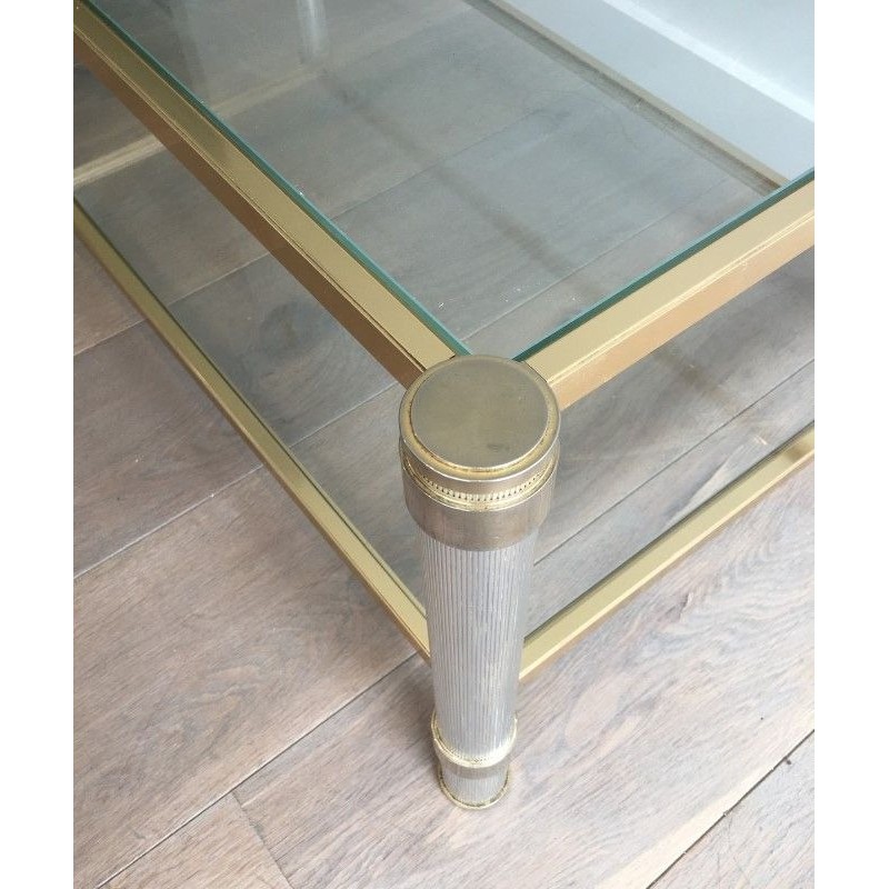 Table Basse en Aluminium Doré et Argenté à Pieds Cannelés, Pierre Vandel