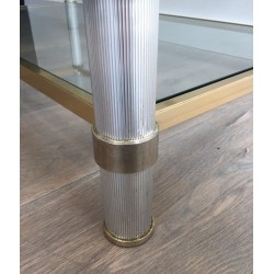 Table Basse en Aluminium Doré et Argenté à Pieds Cannelés, Pierre Vandel