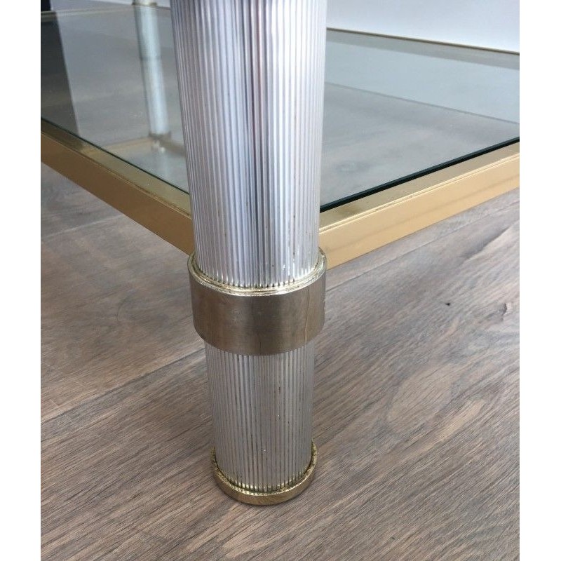 Gold and Silver-Toned Aluminium Coffee Table with Fluted Legs by Pierre Vandel