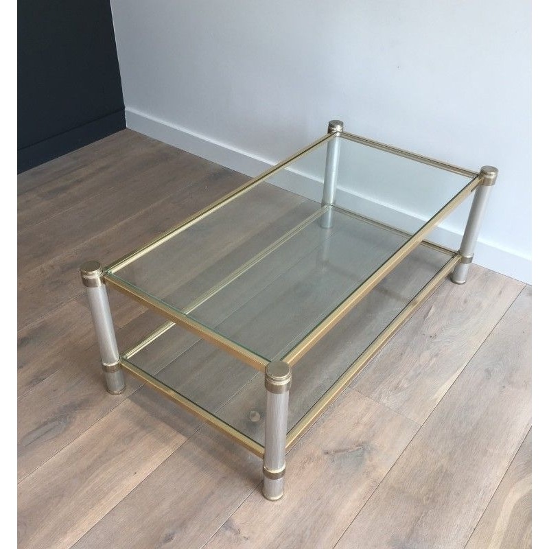 Table Basse en Aluminium Doré et Argenté à Pieds Cannelés, Pierre Vandel