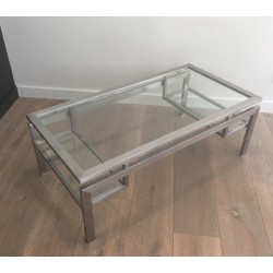 Table Basse en Acier Brossé et 2 tablettes de verre en partie basse. Guy Lefevre