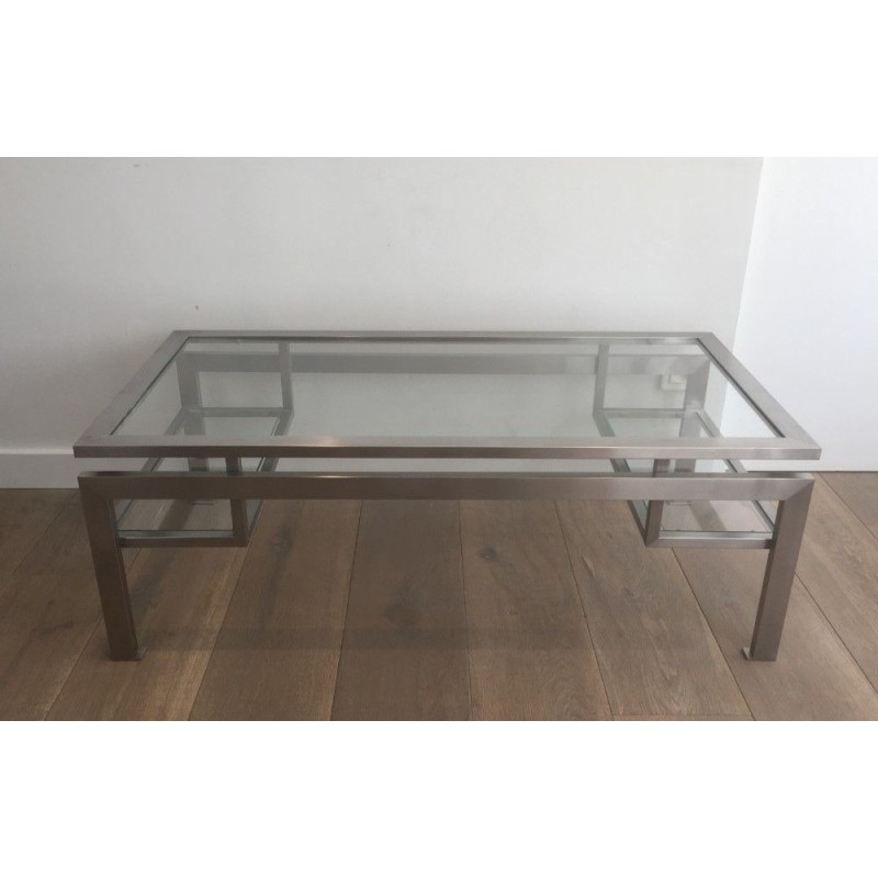 Table Basse en Acier Brossé et 2 tablettes de verre en partie basse. Guy Lefevre