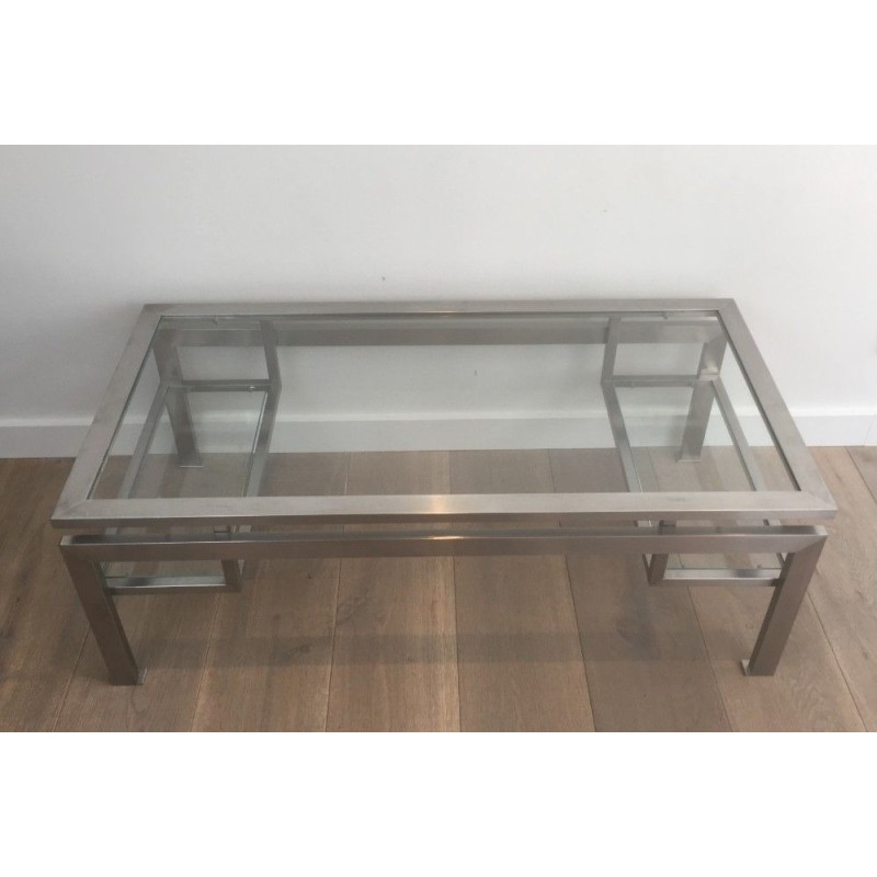 Table Basse en Acier Brossé et 2 tablettes de verre en partie basse. Guy Lefevre