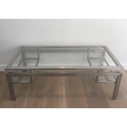 Table Basse en Acier Brossé et 2 tablettes de verre en partie basse. Guy Lefevre