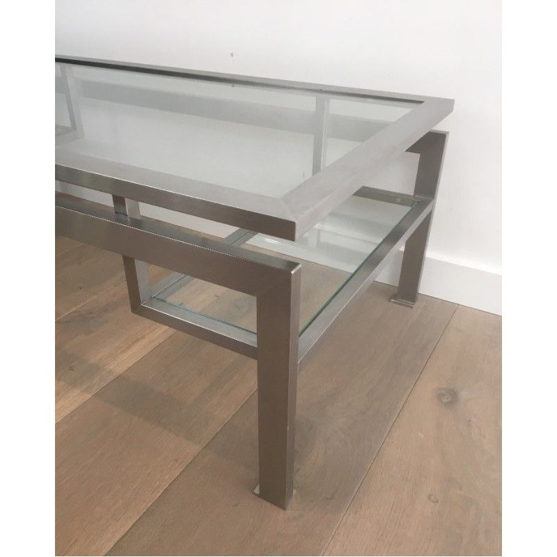 Table Basse en Acier Brossé et 2 tablettes de verre en partie basse. Guy Lefevre