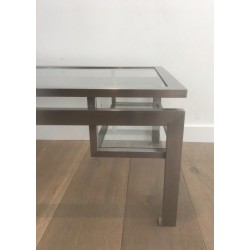 Table Basse en Acier Brossé et 2 tablettes de verre en partie basse. Guy Lefevre
