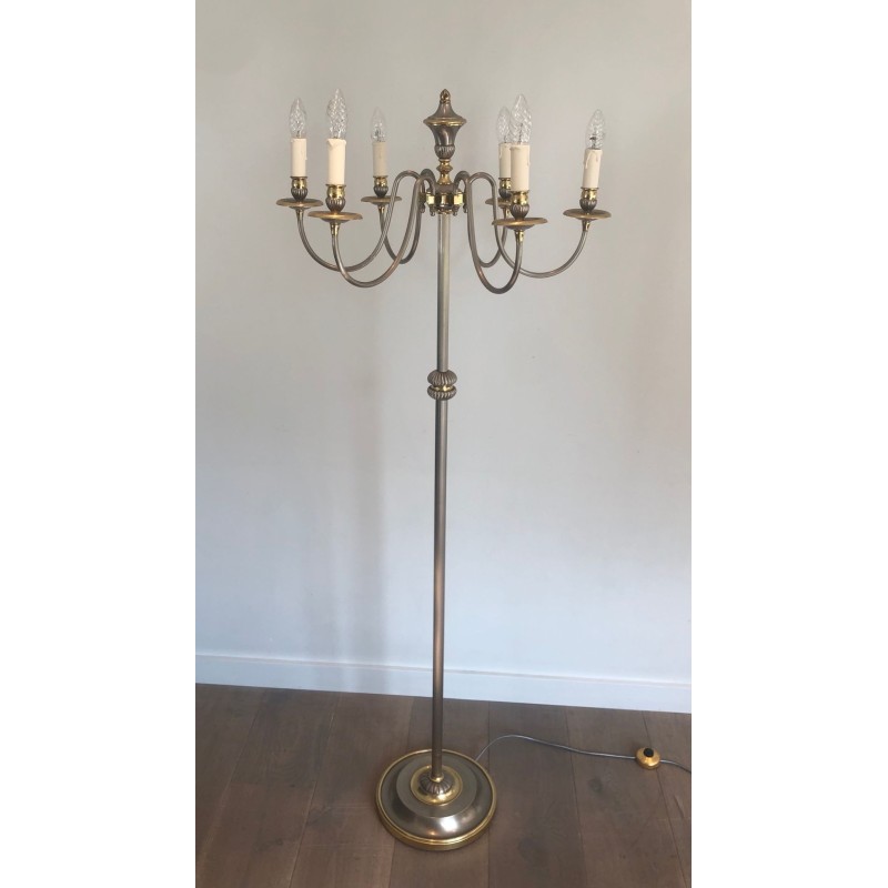 Lampadaire Néoclassique en Métal Argenté et Laiton à Six Lumières, Travail Français, vers 1940
