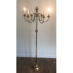 Lampadaire Néoclassique en Métal Argenté et Laiton à Six Lumières, Travail Français, vers 1940