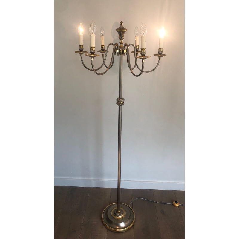 Lampadaire Néoclassique en Métal Argenté et Laiton à Six Lumières, Travail Français, vers 1940