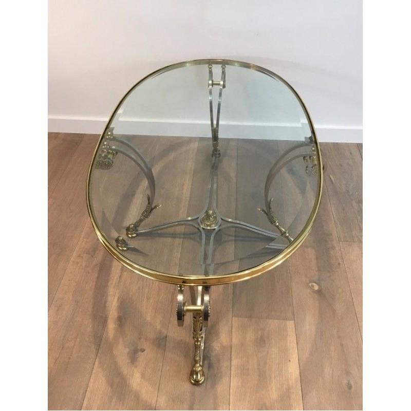 Table Basse en Laiton et Acier Brossé. Dans le Goût de la  Maison Jansen